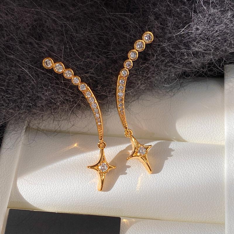 

New Luxury Shiny Zircon Drop Earrings Women Four Pointed Star Long Dangle Earrings Elegant Banquet Wedding Jewelry Accessories