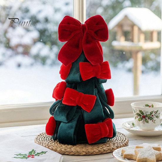 Desktop Christmas Tree Ornament Velvet Bow Decoration, Shaped Soft Fabric Tabletop for Fireplace Dining Table Window Holiday Decor