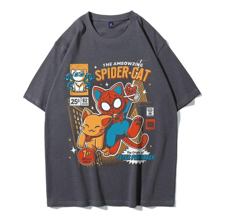 

Cat Spider-Man Summer Loose Short-sleeved T-shirt for Men and Women Cartoon and Anime Casual Loose Trendy Brand, Pure Cotton 4XL