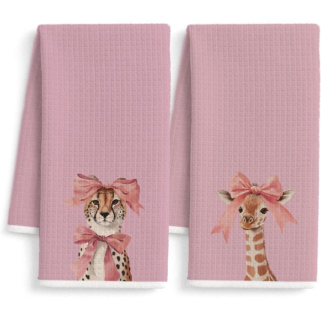 Pink Coquette Bow Leopard Giraffe Kitchen Towels Set of 2, Leopard Giraffe Decor Hand Towels for Bathroom, Pink Dish Tea Towels for Kitchen, Coquette