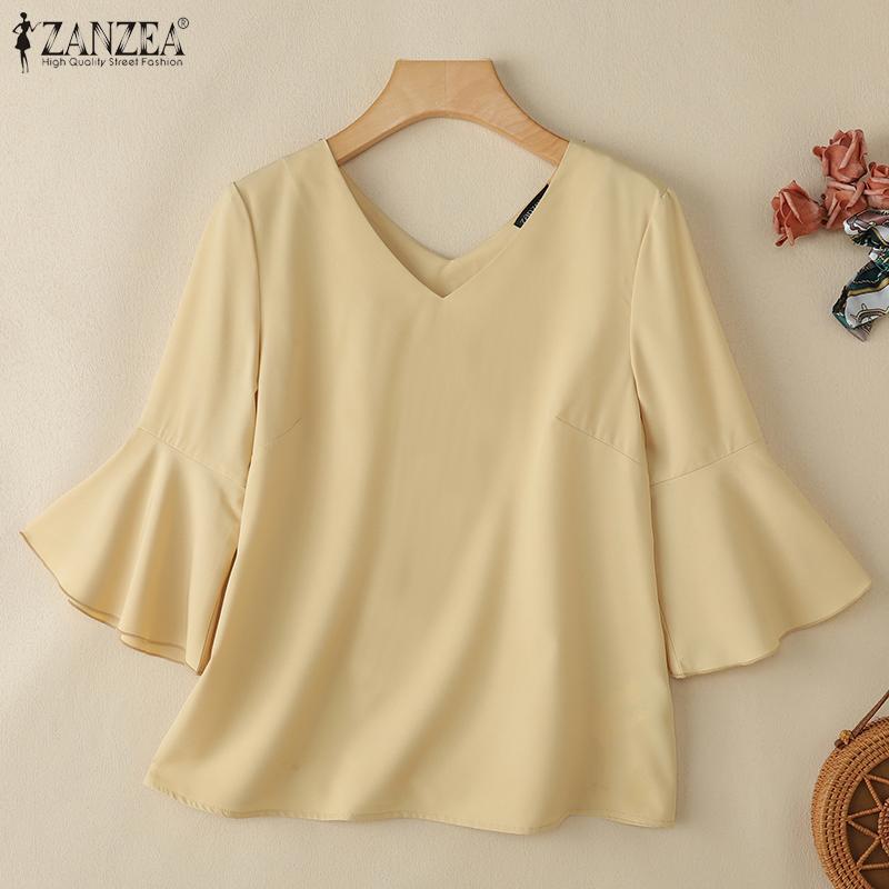 ZANZEA Women Casual V-Neck Flare 3/4 Sleeve Loose Blouse