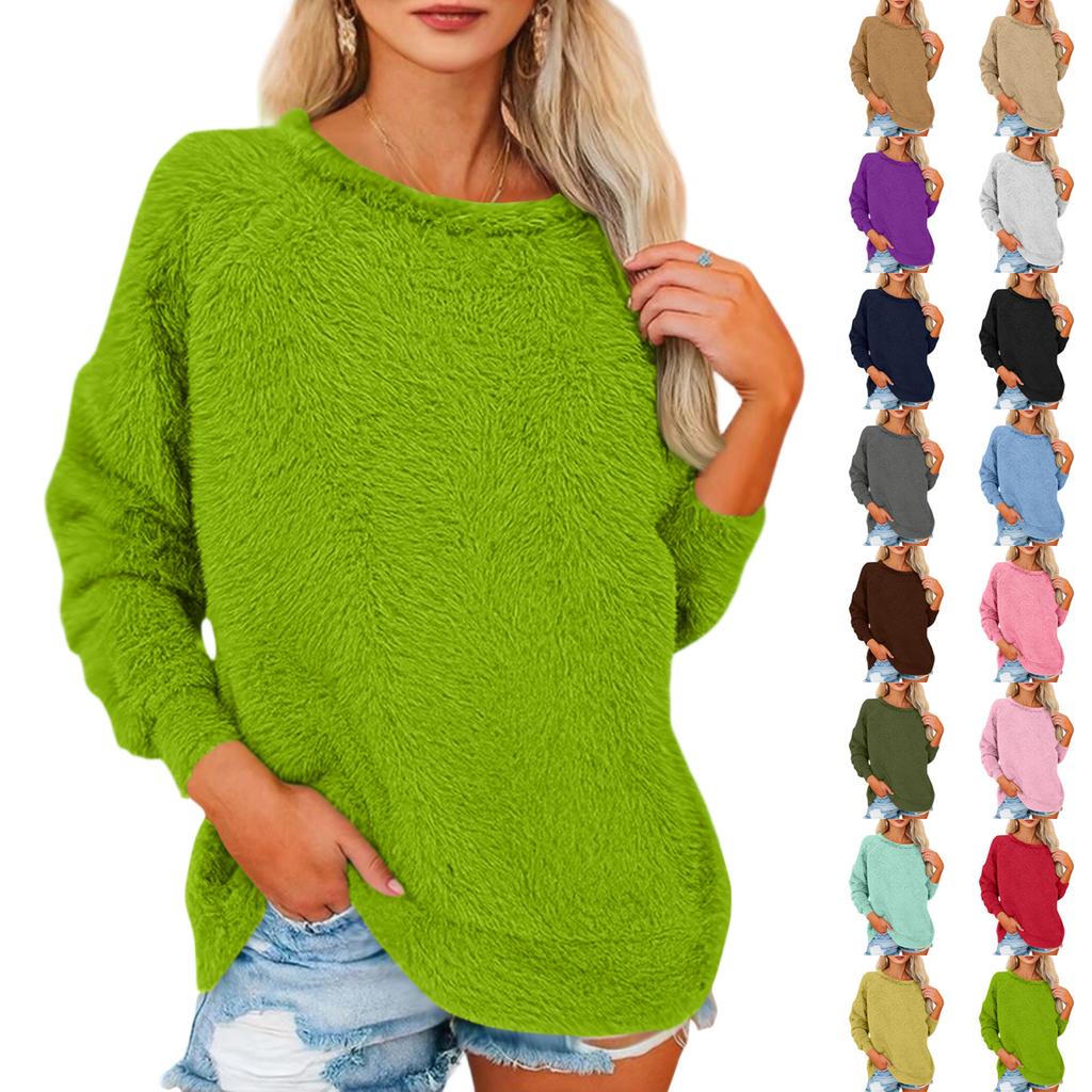 Women's Fashionable Solid Color Round Neck Long Sleeved Plush Warm Pullover Top