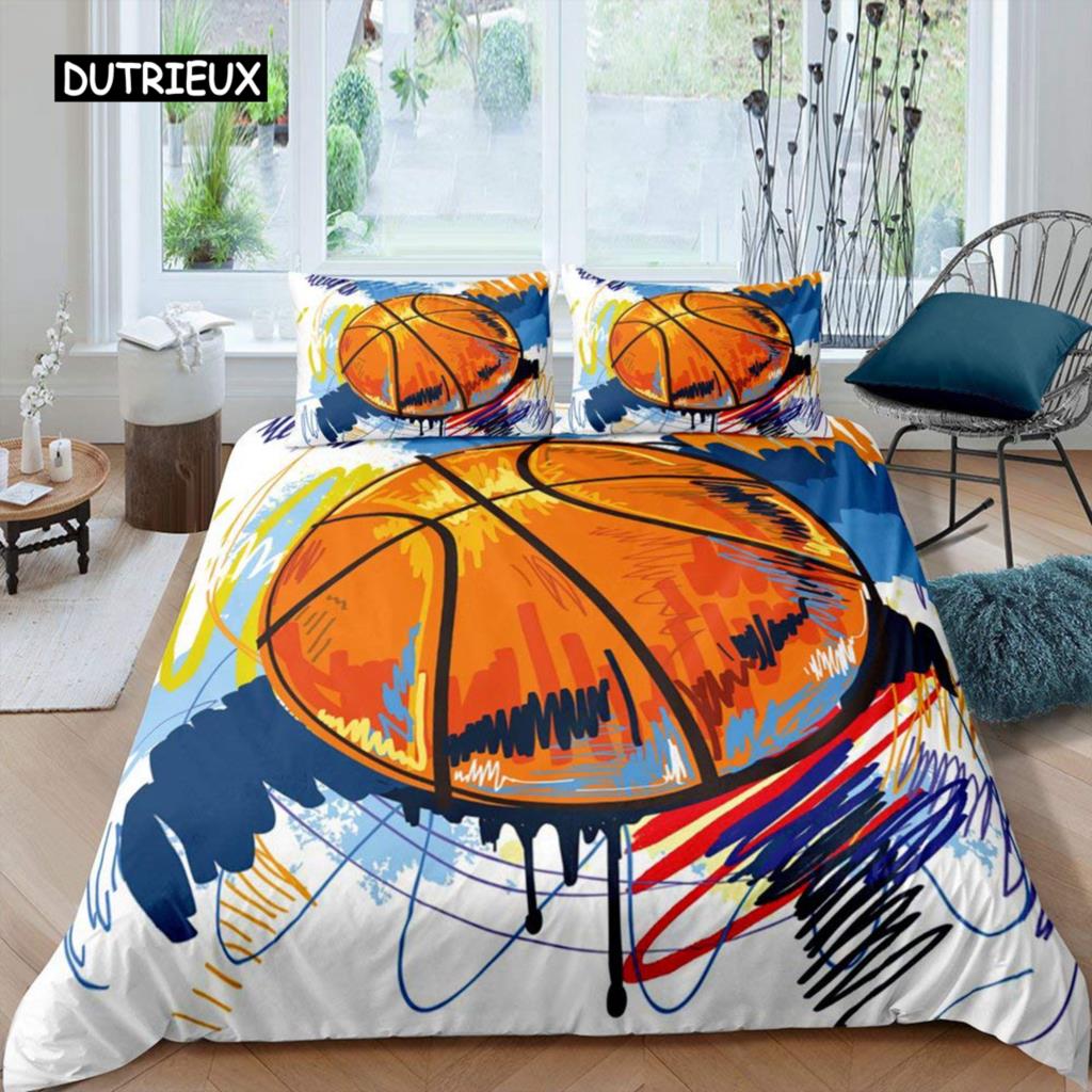 Juego de funda nórdica de baloncesto, juego de cama con temática deportiva de pelota 3D negra, juego de edredón de microfibra para cancha de baloncesto, juegos competitivos, tamaño King