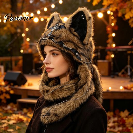 Unique Cosplay Accessories Cute Plush Animal Hat, Furry Cat Ear Headwear, Winter Halloween Party Costume Hat Soft Warm Cap for Costume, Funny