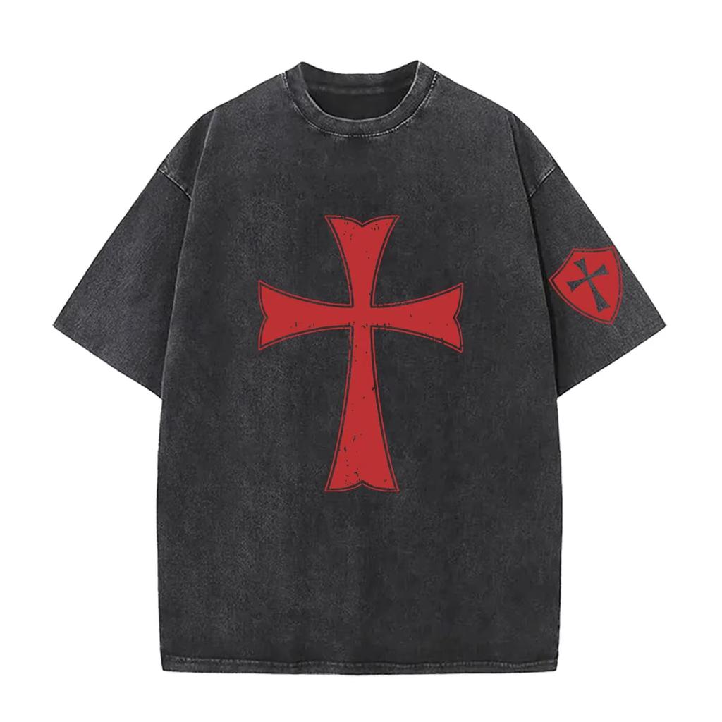 Knights Templar Graphic Tshirt Vintage Washed Gothic Streetwear Medieval Unisex Oversized Crew Neck Cotton Short Sleeve Tee Top