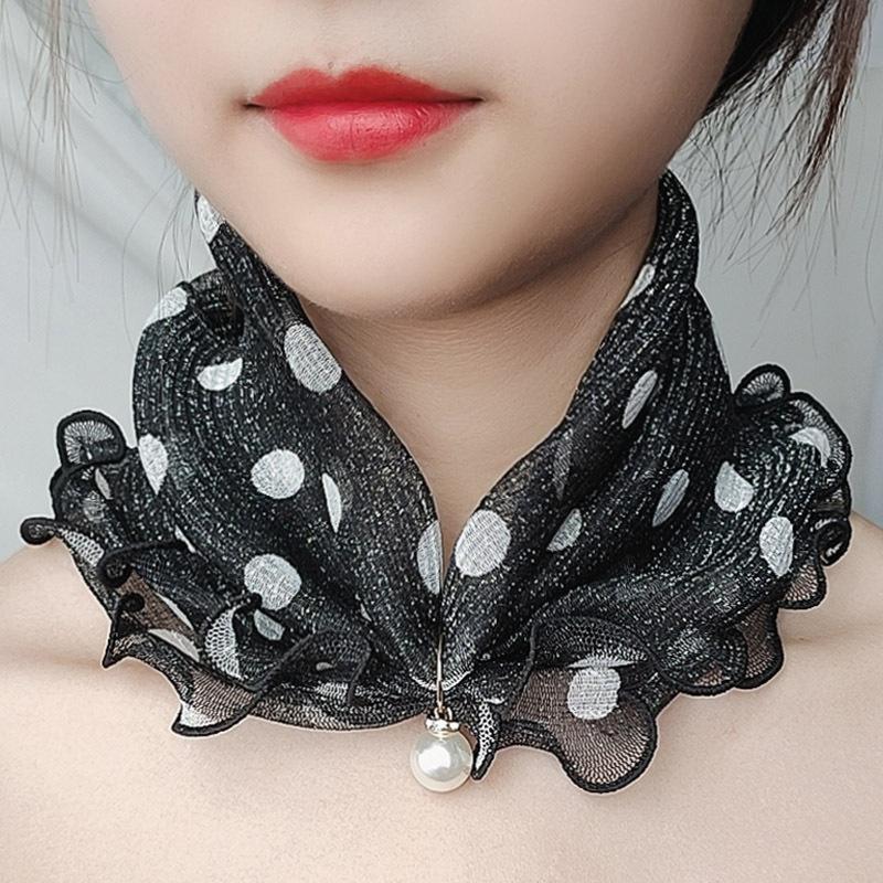Fake Pearl Pendant Organza Neck Collar Chiffon Scarves Lace Pearls Scarf Fashion Print Shiny Variety Scarf Clothing Accessories