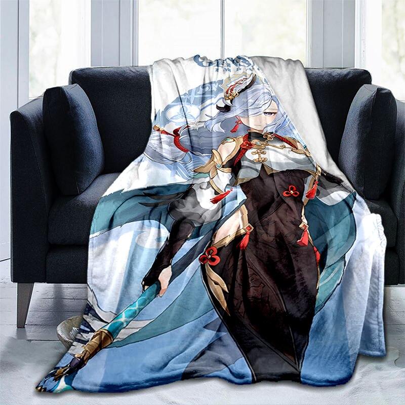 Pătură cu imprimeu Genshin Impact cu desene animate, flanel, căldură, moale, canapea extensibilă de pluș, pătură pentru aruncare, pătură de pluș, anime drăguț