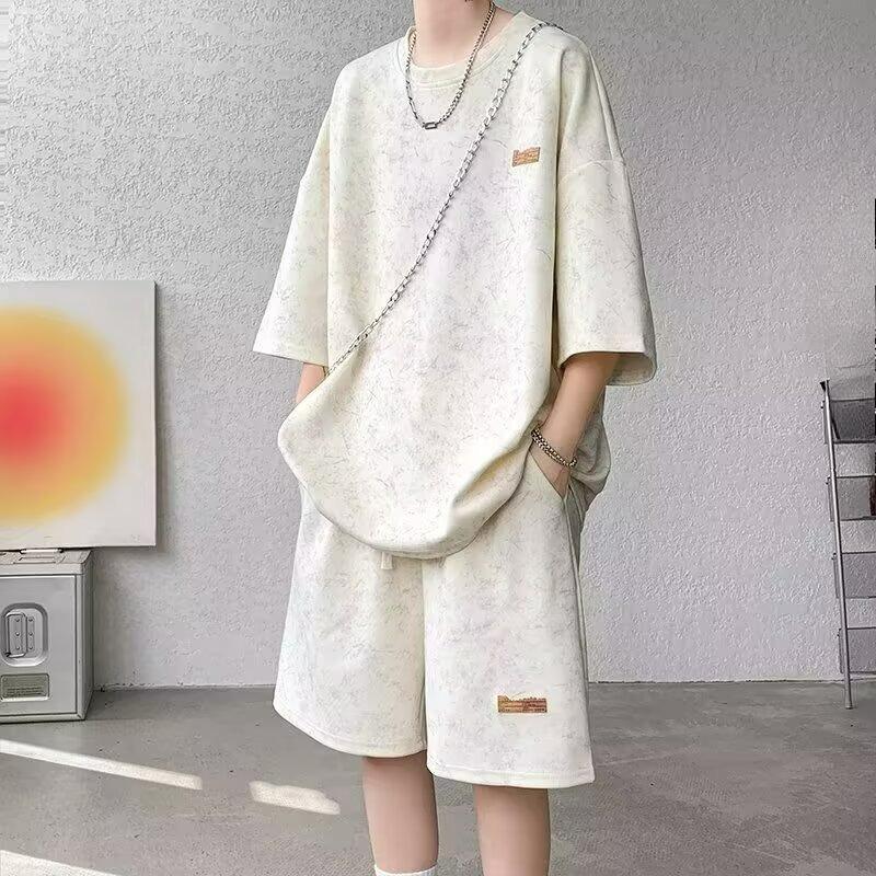 

Tie-dye Ice Silk Short-sleeved Suit Men s Summer Sense of Cool and Handsome Wear Sports Suit Plus Size Basketball Pants 3XL білий