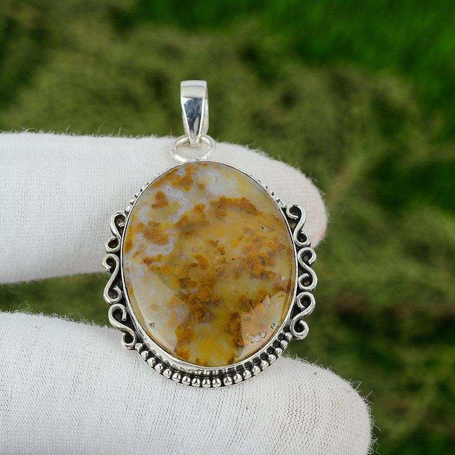 925 Sterling Silver Oval Natural Polka Dot Agate Bezel Wedding Pendant Jewelry
