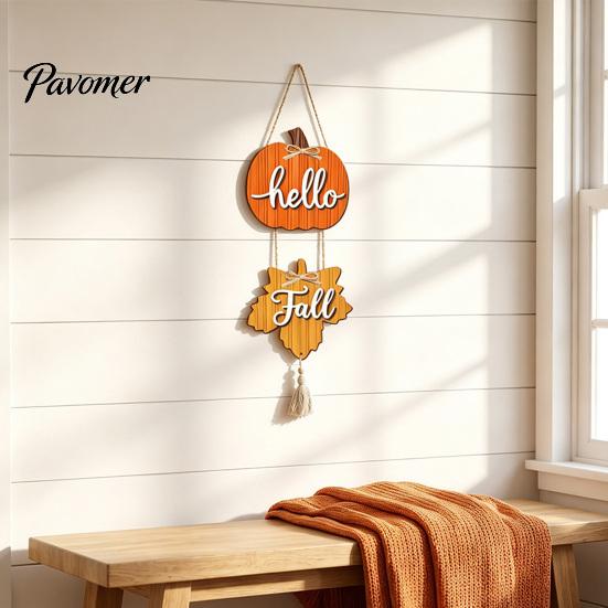 Seasonal Gift for Home Hello Fall Wooden Door Hanger, Pumpkin Maple Leaf Hanging Sign, Autumn Bountiful Display Harvest Front Wall Decor Thanksgiving