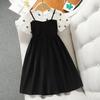 Girls Black Faux Two Piece Strap Dress Summer Chic Princess Party Gown Kids Casual Sundress Elegant Children Clothing