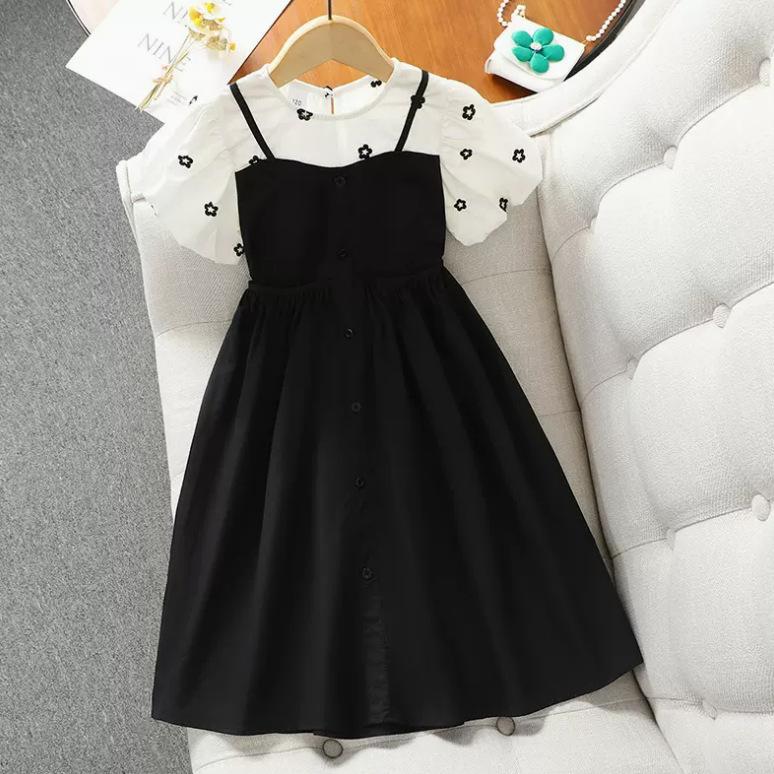 Girls Black Faux Two Piece Strap Dress Summer Chic Princess Party Gown Kids Casual Sundress Elegant Children Clothing 120cm