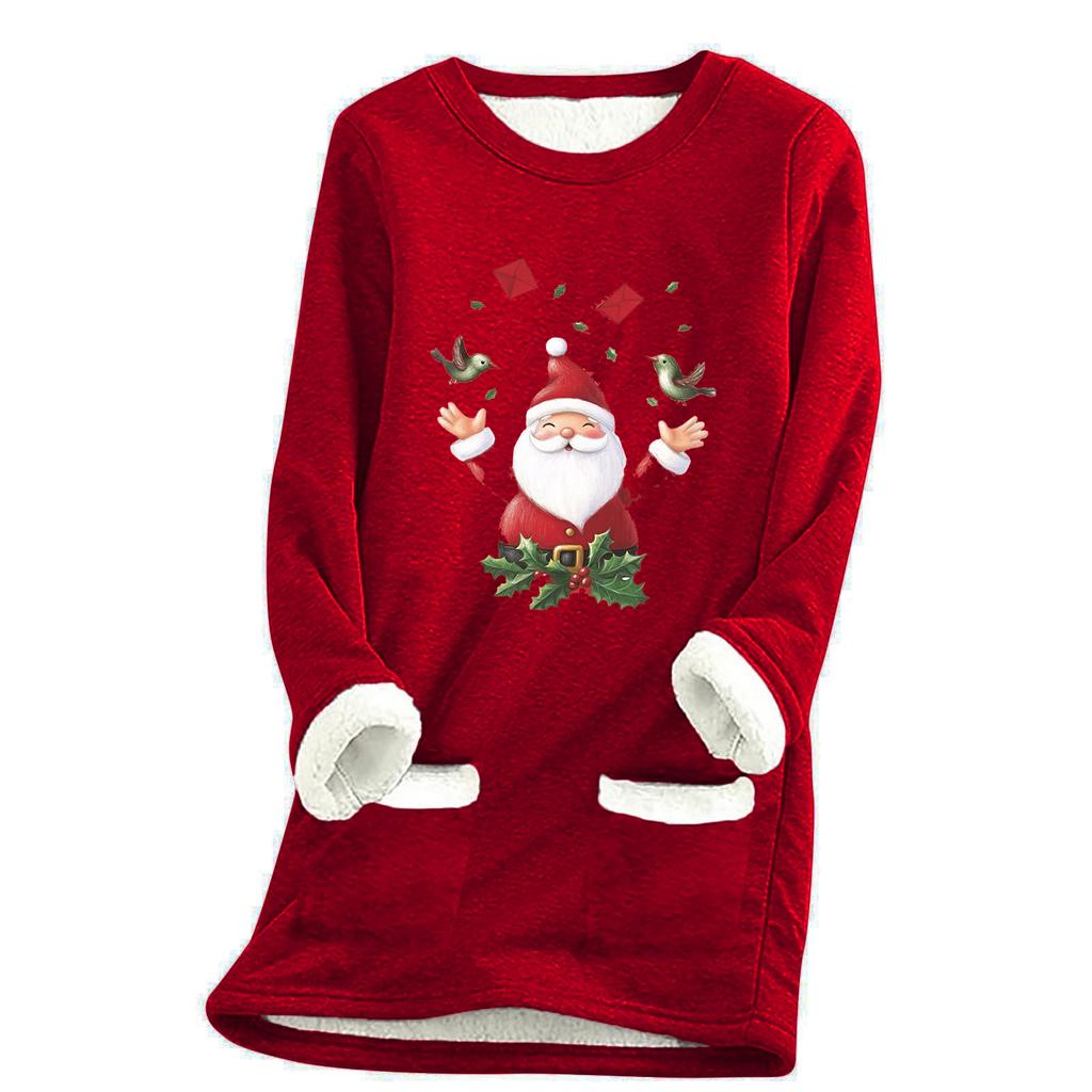 Ladies' Loose And Comfortable Round Neck Christmas Print Thick With Pockets Long Sleeved Top