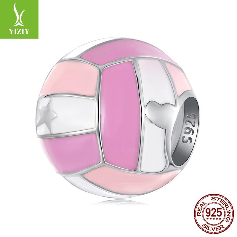 Pink Sports Series S925 Sterling Silver Pendant Accessories, Pink Girls Heart Tennis Volleyball Diy Beads