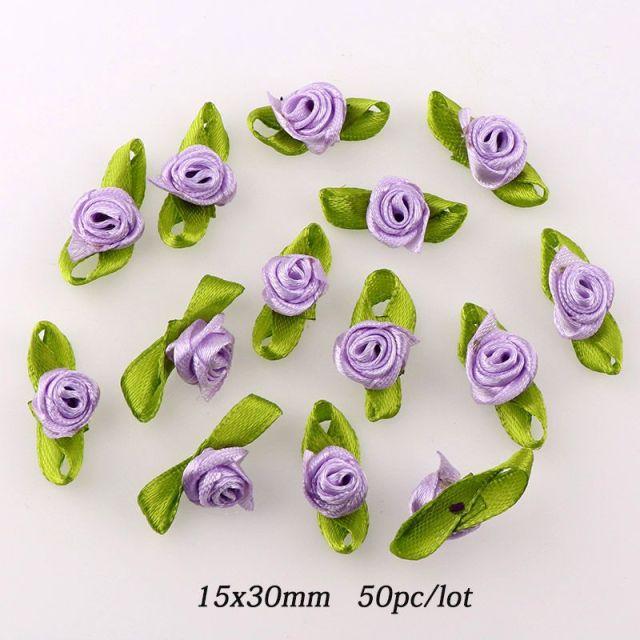 50/100pcs Artificial Fabric Flower and Green Leaf Color Mix Small Ribbon Rose Decoration for Crafts DIY Sewing Decoration