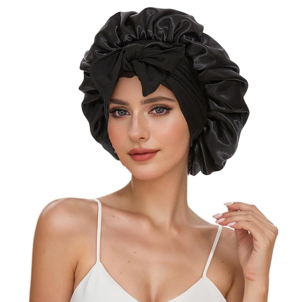 Women's Double-Layer Elastic Satin Sleep Cap - Wide Brim Hair Protection with Bow Ribbon