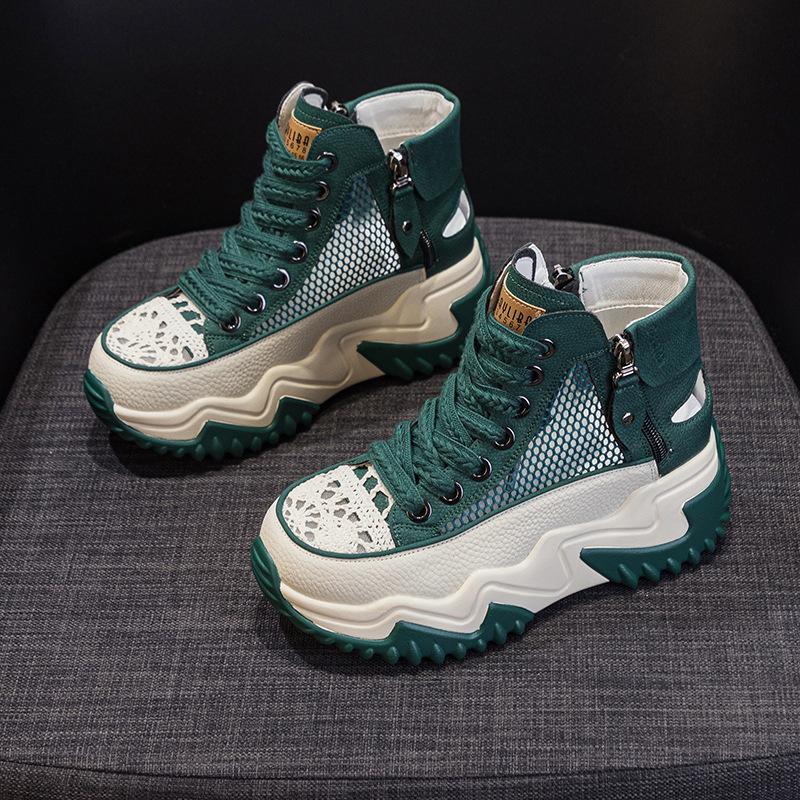 Women's summer 2025 new leather through the net dad shoes retro lightweight inner height increase casual sports shoes platform sandals