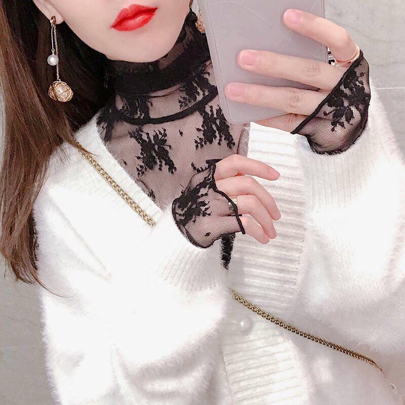 Women's High Neck Lace Layer Top with Lantern Sleeves - Stylish Mesh Sweater for Autumn/Winter