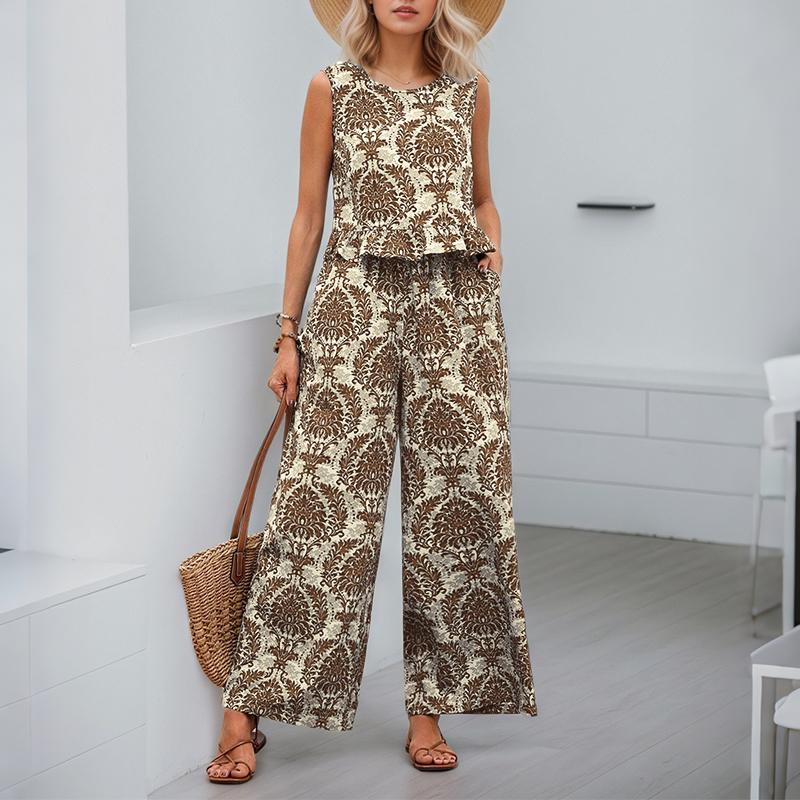 

ZANZEA Женские топы без рукавов и брюки с принтом, комплекты из двух предметов 4XL коричневый