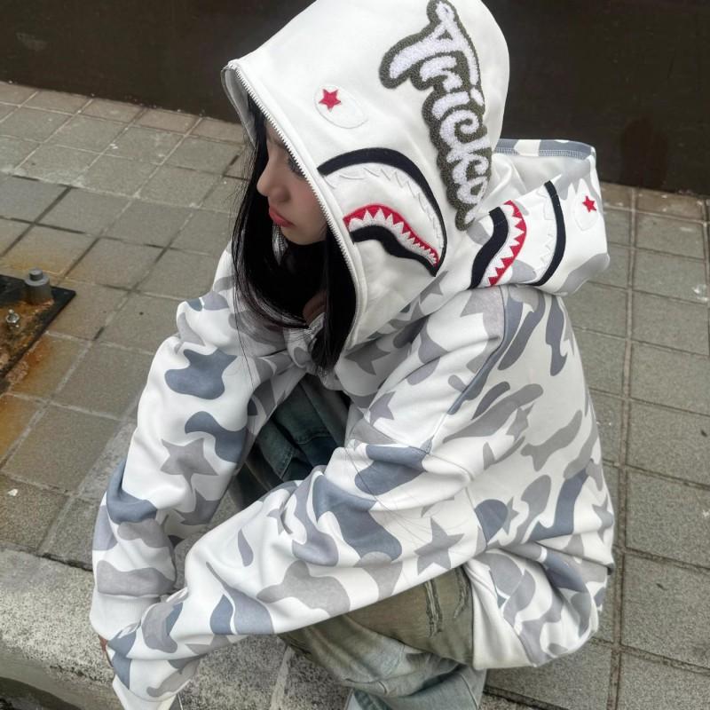 Modischer Grauer Camouflage Hai Reißverschluss Hoodie Herren Damen Paar Lässiger Sport Pullover
