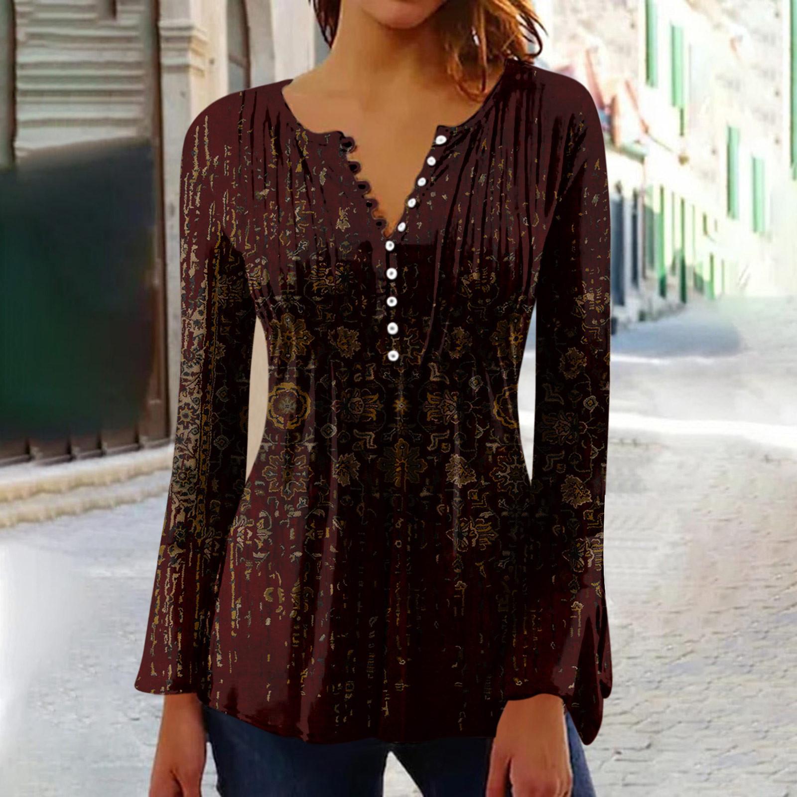 Женские расклешенные рукава с принтом Воротник на пуговицах Пуговицы Длинные рукава — фото 8