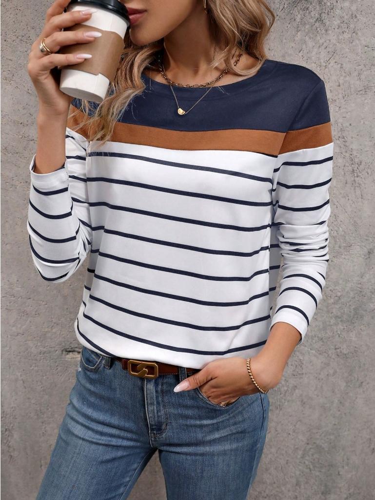 Damen T-Shirt 3D Streifen Colorblock Print Mode Langarm Rundhals Regular Top Feiertagswochenende Frühling und Herbst