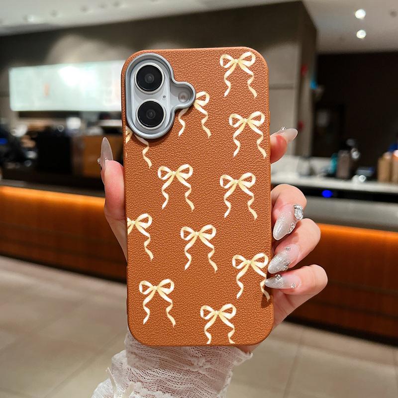 Bowknot Pattern TPU Leather Texture Case For iPhone 16 15 Pro Max 14 Pro 13 12 11 Slim Matte Shockproof Soft Phone Cover