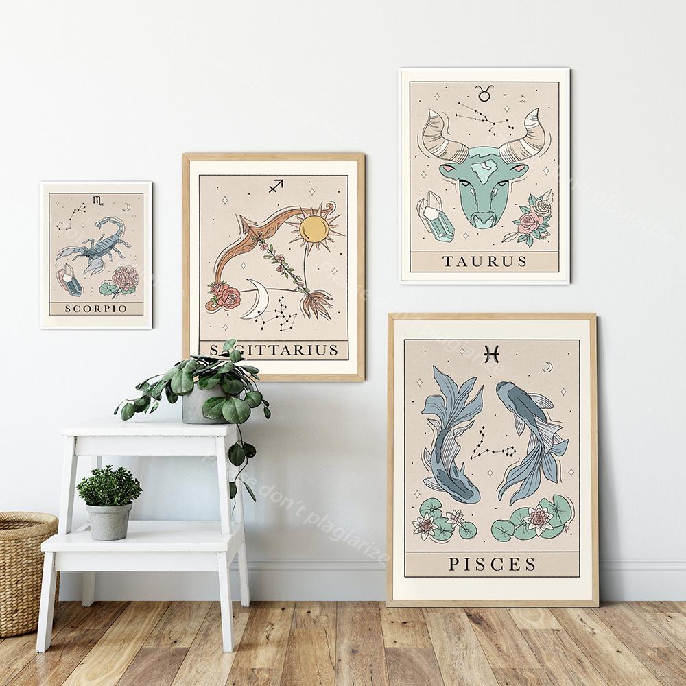 Bohemian Zodiac Art Posters and Prints Canvas Painting Tarot Cards Inspired Astrology Virgo Aquarius Constellation Picture Decor