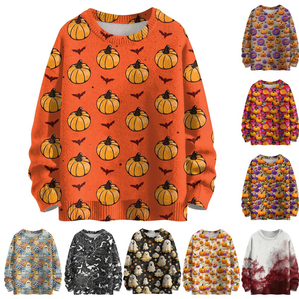 Ladies' Fashionable Casual Long Sleeved Halloween Printed Round Neck Knitted Yarn