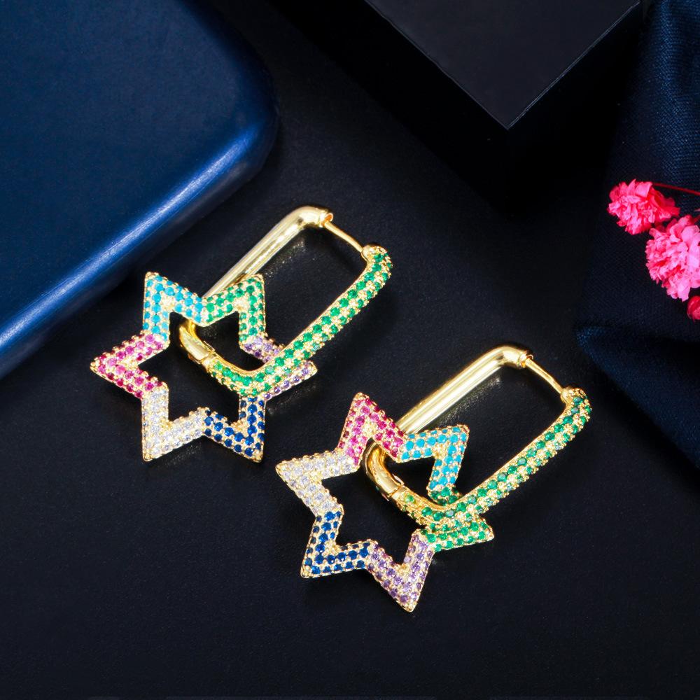 Hexagonale Geometrische Verschluss Damenohrringe Kreativer Stern Leicht Eingelegter Farbiger Zirkon Beliebter Ohrschmuck