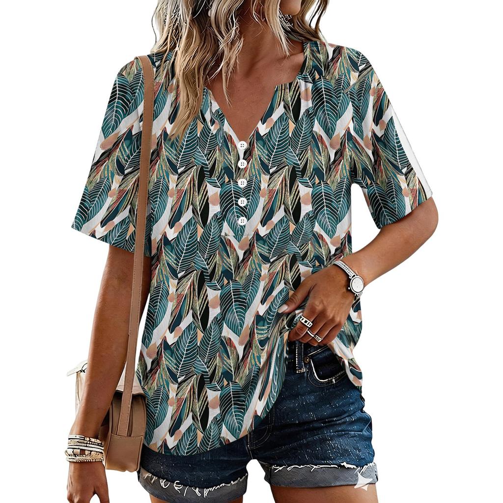 Women's Fashionable Casual Floral Print Button V-neck Short-sleeved Top
