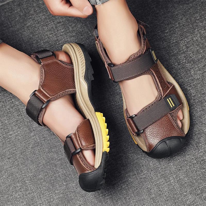 Summer Genuine Leather Sandals For Men Slip On Waterproof High Quality Beach Shoes Men Fashion Trend Walking Causal Shoes Male