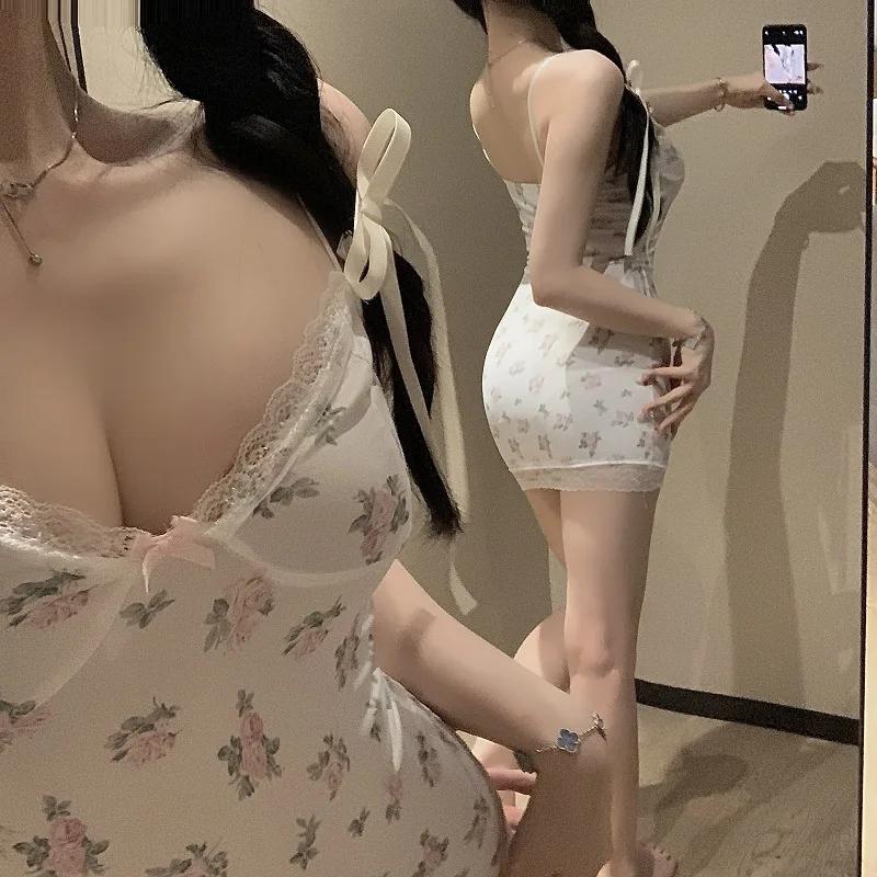 Women Sleepwear Sexy Lingerie Sling Lace Short Dress Ladies Porn Bodysuit Female Underwear Sexy Lace Pajamas Lolita Floral Dress