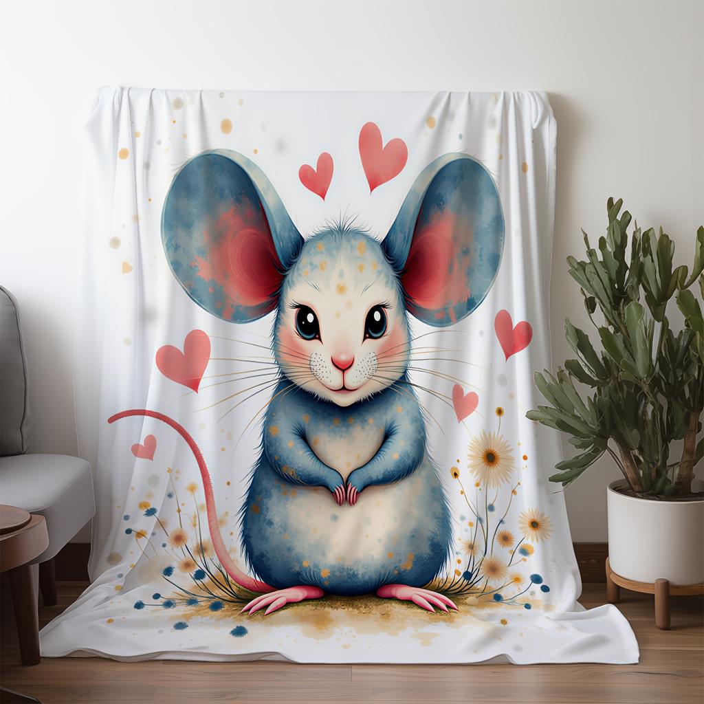 1pc Vintage-Style Flannel Blanket with Adorable Mouse & Daisy Print - Soft Polyester, Warm & Cozy for Sofa, Bed, Car