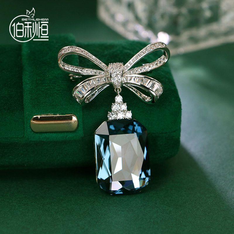 

Austrian Crystal Bows Corsage Fashion Retro Court Classic Style Brooch New Fashion Decorative Pin Pendant Blue