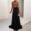 Waist Tight Backless High Split Hem Prom Dress Solid Color Cross Halter Women Long Dress Sundress