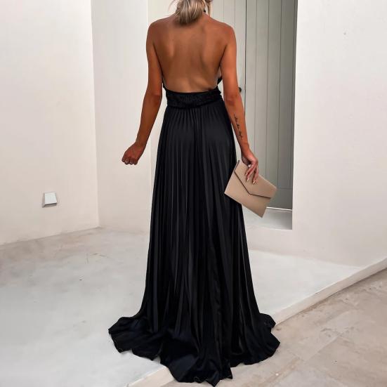 Waist Tight Backless High Split Hem Prom Dress Solid Color Cross Halter Women Long Dress Sundress