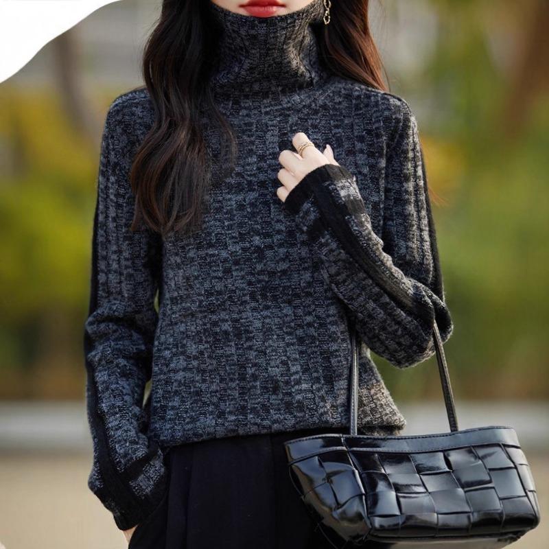 Французская цветочная пряжа, цветной блок, клетчатый, шерстяной вязаный женский осенний стиль, воротник-стойка, пуловер, свободный свитер S