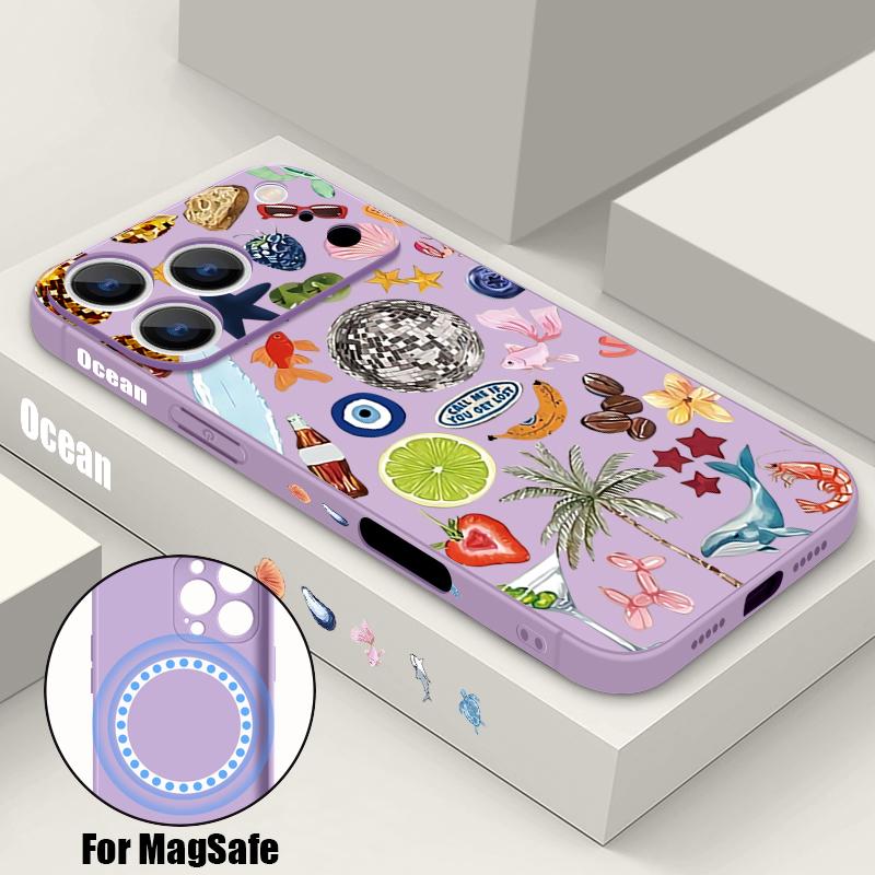 Contrast Color Cartoon Fish Conch Pattern Case For iPhone 16 Pro Max Magnetic For Magsafe Soft Cover For iPhone 17 15 14 13 Pro Max 17E 16E