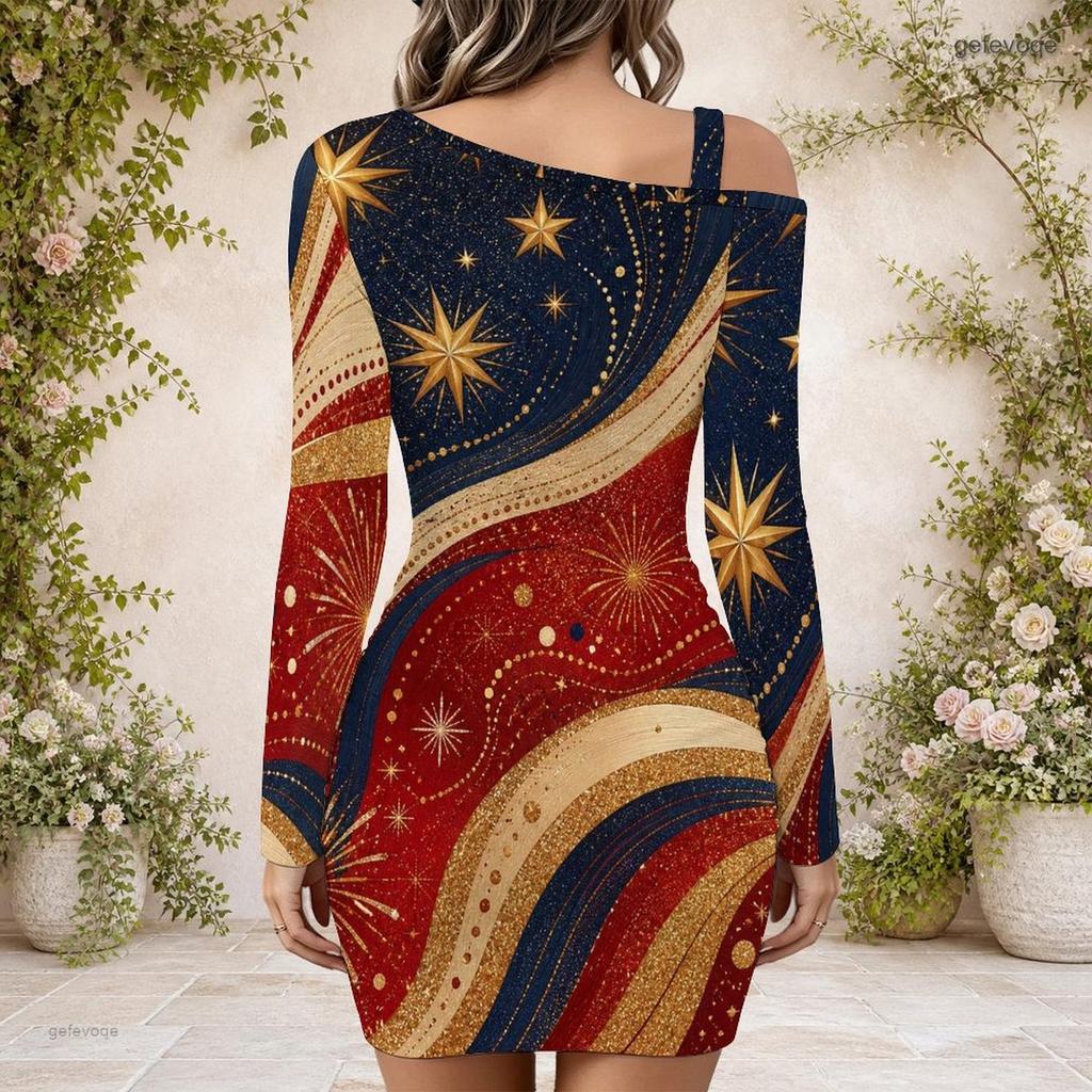 Women Plus Size One Shoulder Strap Long Sleeve Printed Red Blue White Bodycon Mini Dress