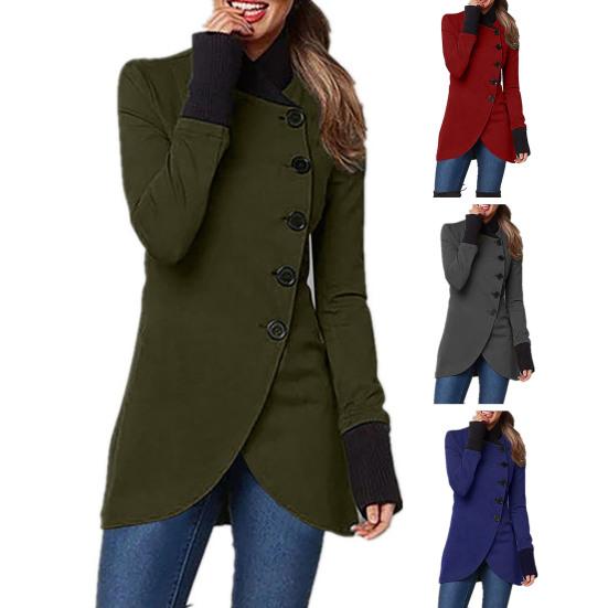 Women Fall Winter Jacket Stand Collar Neck Protection Single-breasted Irregular Split Hem Soft Patchwork Long Sleeve Solid Color Thick Warm