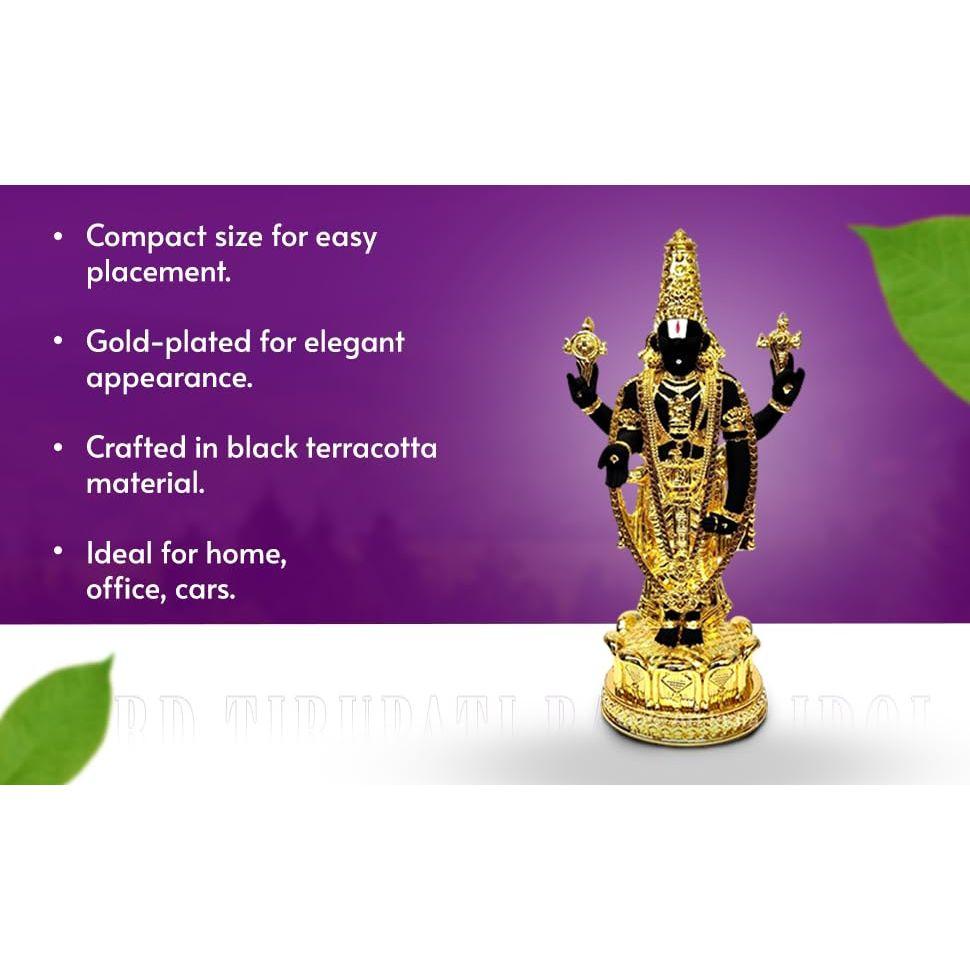 Lord Tirupati Balaji Gold Plated Black Terracotta Idol for Car Dashboard | Vishnu Ji Idol for Office Desk | Venkateswara Swamy Murti for Home |