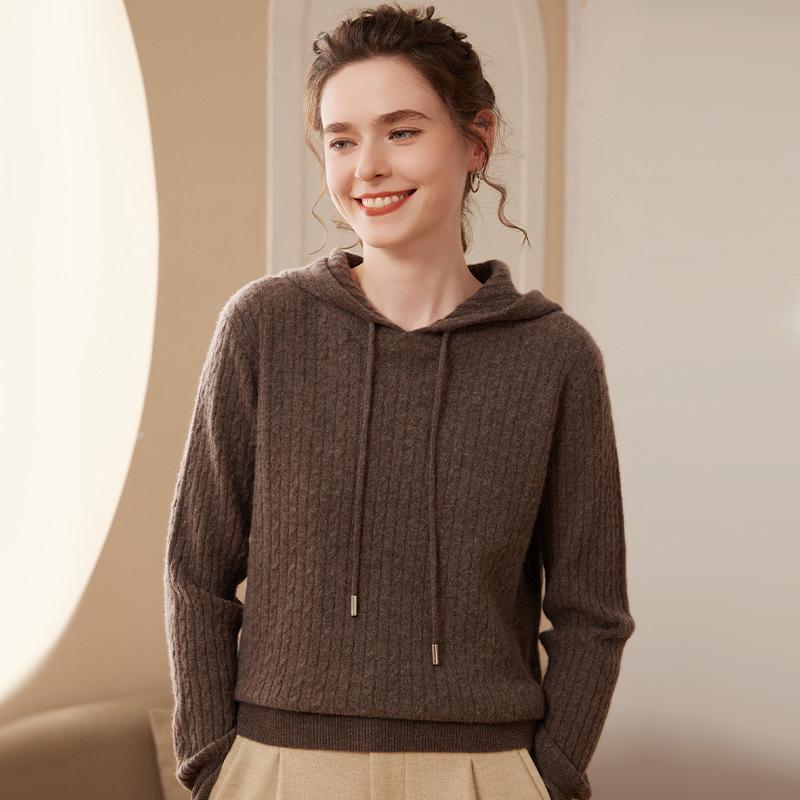 Women's Cable Knit Cashmere Hoodie: Loose, Soft, Warm, Long-Sleeve Pullover for Autumn and Winter