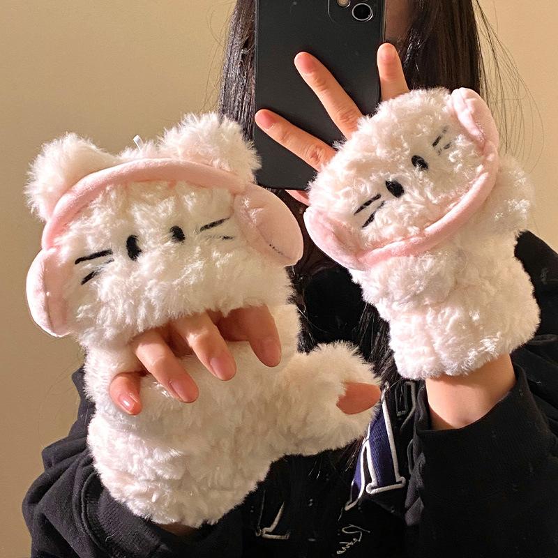 Cute Headphones Cat Thickened Plush Gloves Winter Warm Gloves Student Cycling Gloves