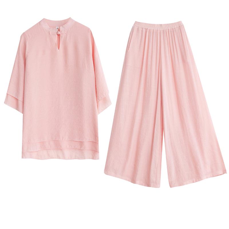 Women's Summer 2023 Stand Collar Yoga Set: Solid Color Three-Quarter Sleeve Top & Pants Tea Set