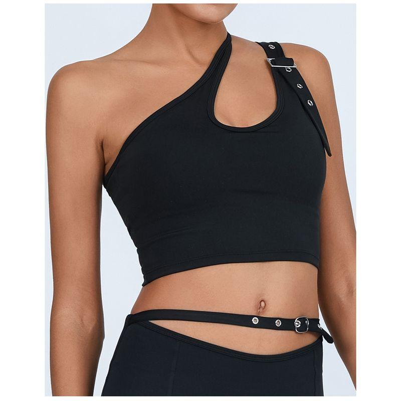 

With Chest Pad New European and American Cross-Border Yoga Vest Women Irregular Tennis Shoulder Sports Fitness Quick-Drying Sling Top Extreme Black L/8