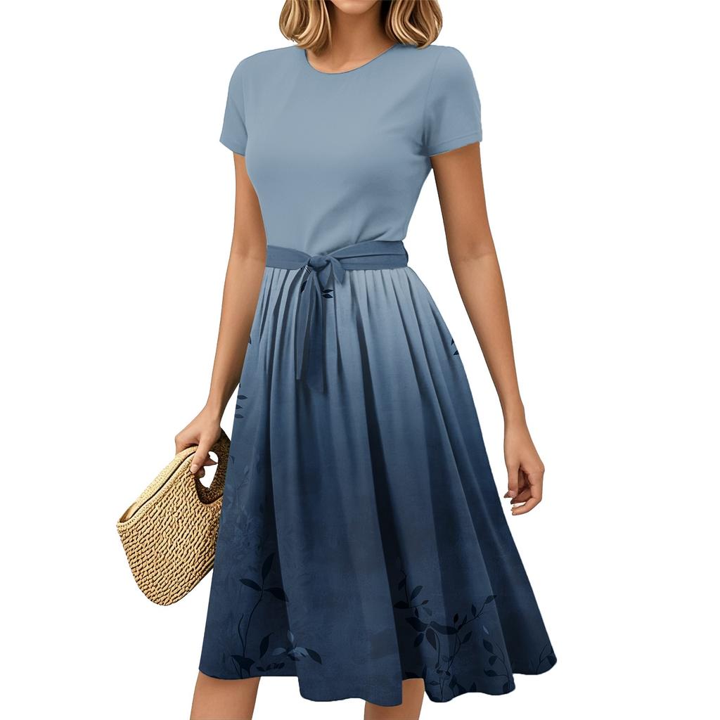 Women's Fashion Casual Belt Short Sleeve Round Neck Geometric Printing Splicing Elegant Temperament Dresses