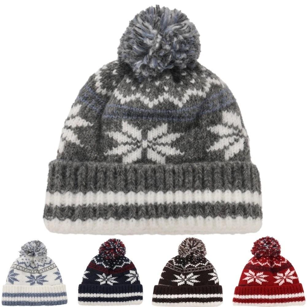 Cozy Retro Knitted Hat Soft Snow Flake Jacquard Pompoms Beanie Warm Winter Hat Scarf for Women