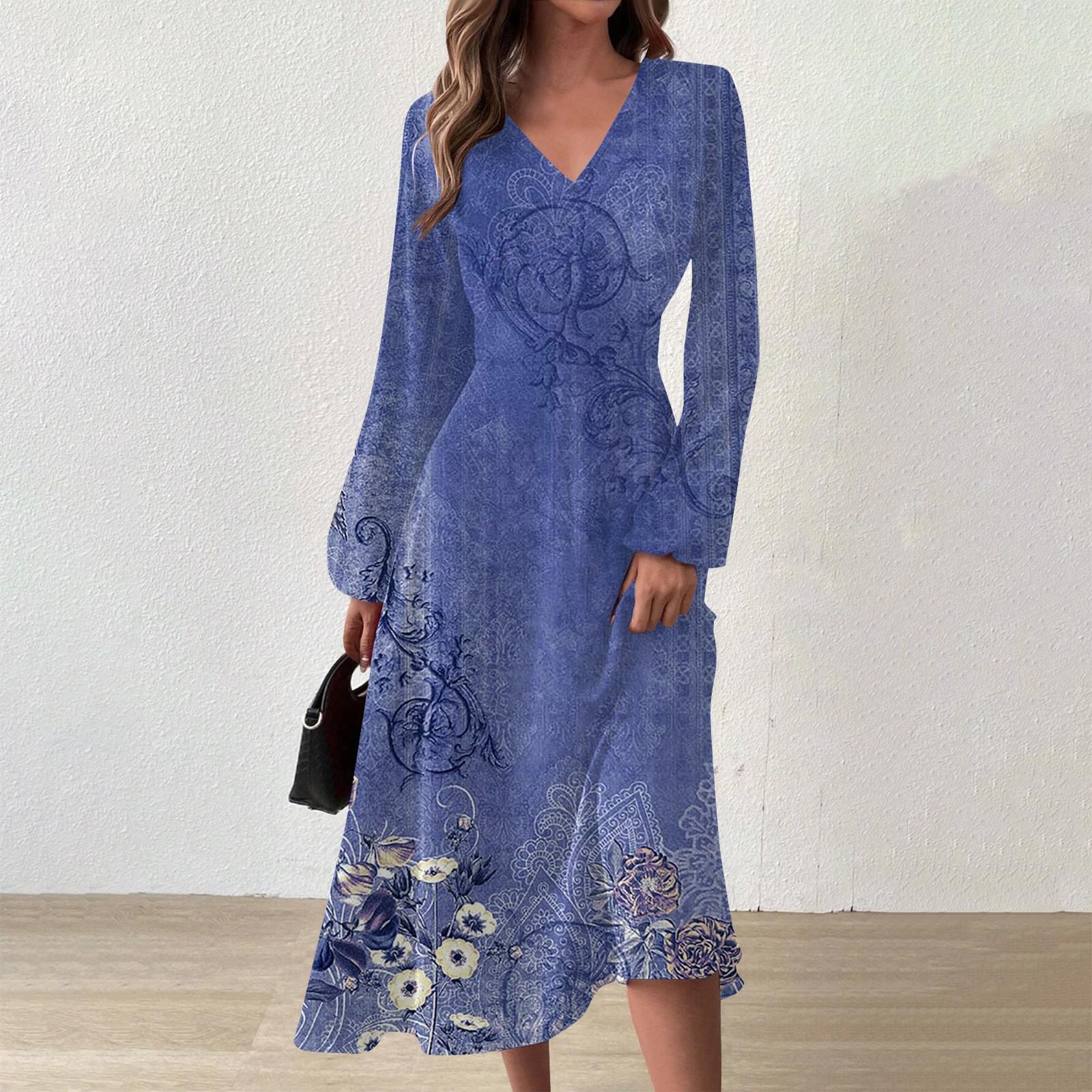 

Женское осенне-зимнее повседневное модное длинное платье с v-образным вырезом и длинным рукавом с цветочным принтом L