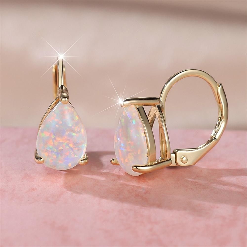 Female White Opal Water Drop Stone Hoop Earrings Vintage Fashion Gold Silver Color Wedding  For Women